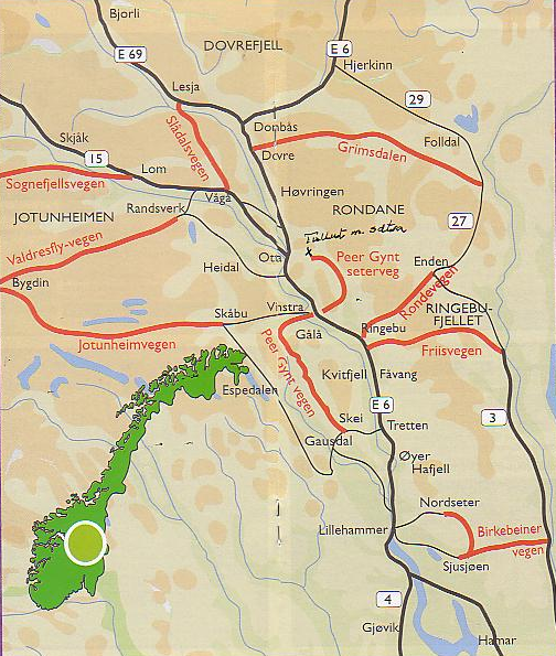 Kart over deler av Gudbrandsdalen